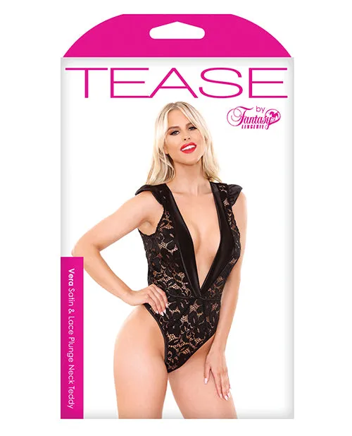 Open Desires Anal Tease Vera Satin lace Plunge Neck Teddy Black LXL
